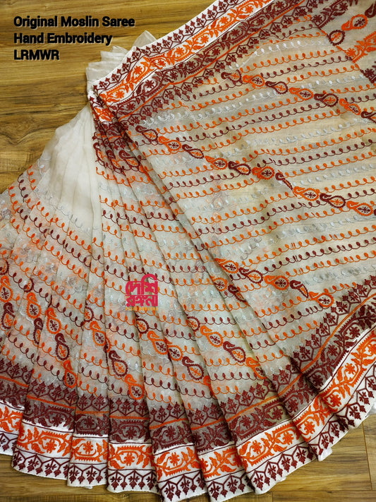 Original Moslin Hand Embroidery work Saree, Off white