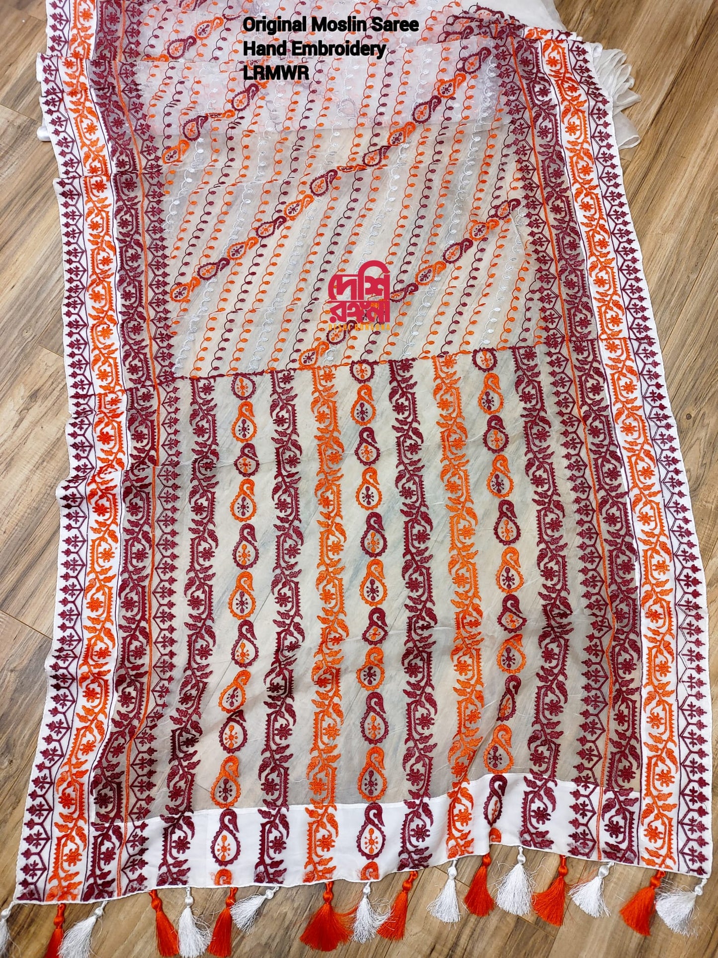 Original Moslin Hand Embroidery work Saree, Off white