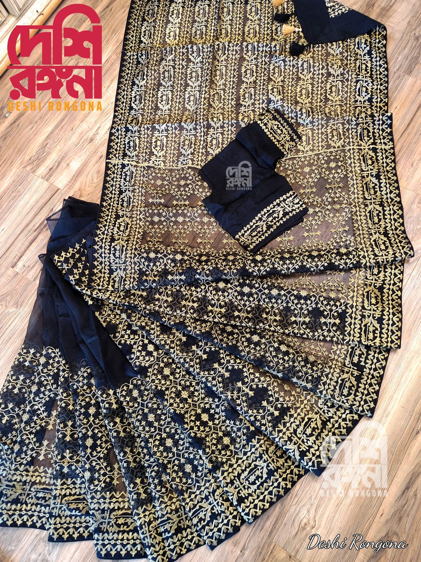 Original Moslin Hand Embroidery work Saree, Black