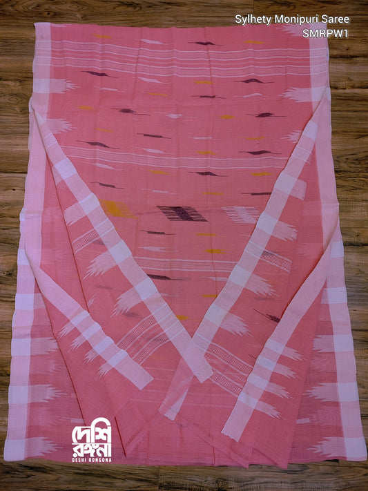Sylheti Monipuri Handwoven Soft Cotton Saree – Pink & White