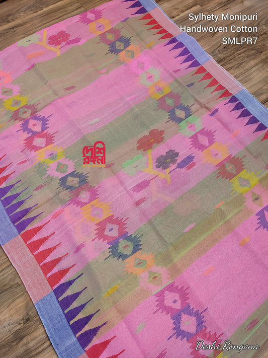 Sylhety Monipuri Handwoven Cotton Saree – Pink & Lime Contrast