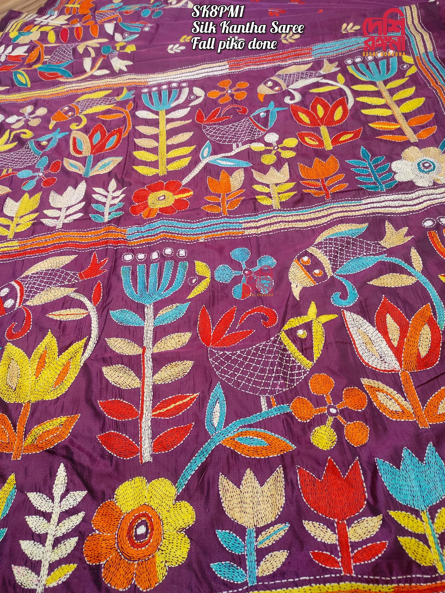 Purple Hand-Stitched Kantha Saree in Bangalore Silk