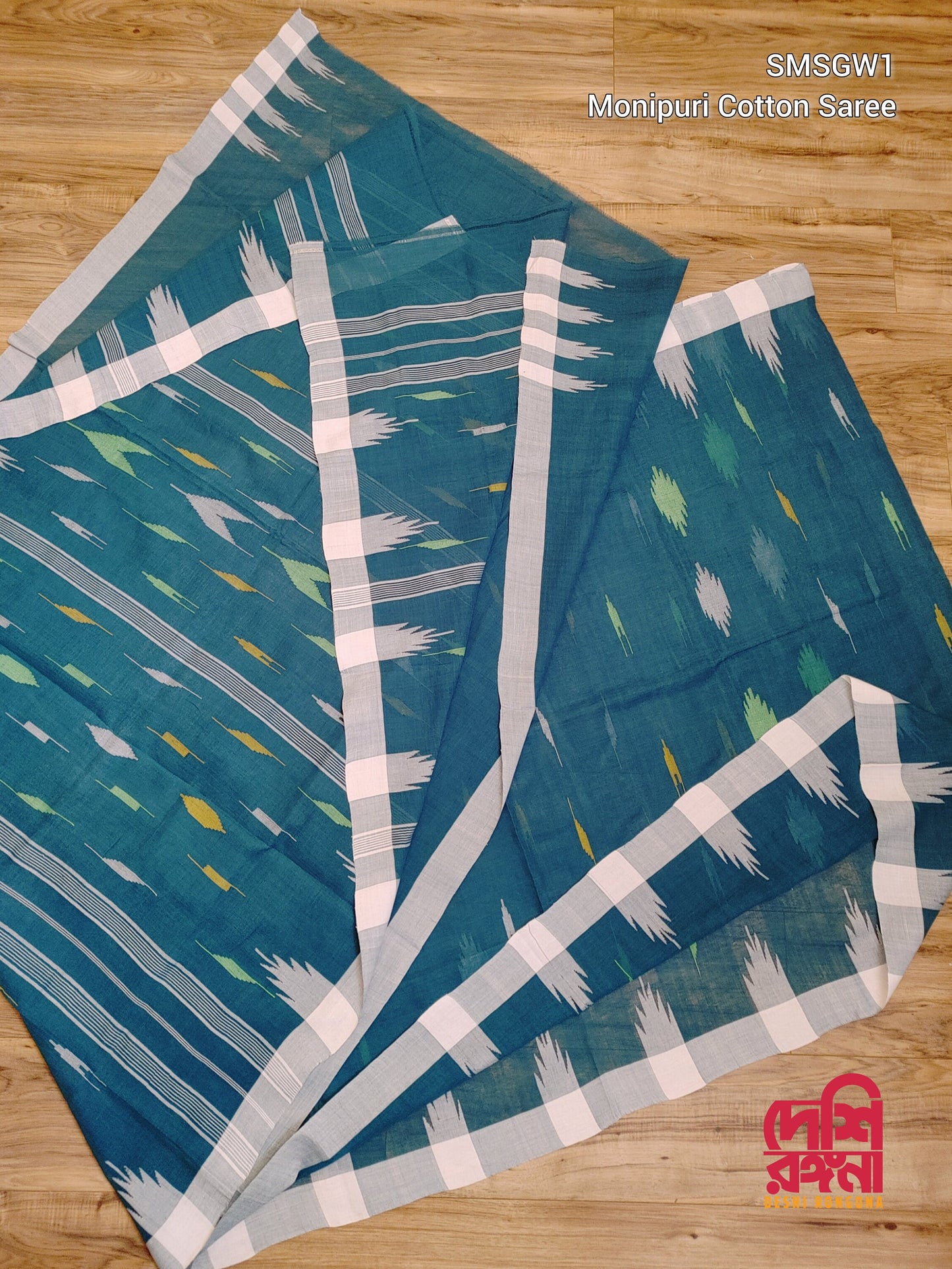 Sylheti Monipuri Handwoven Cotton Saree – Teal & White