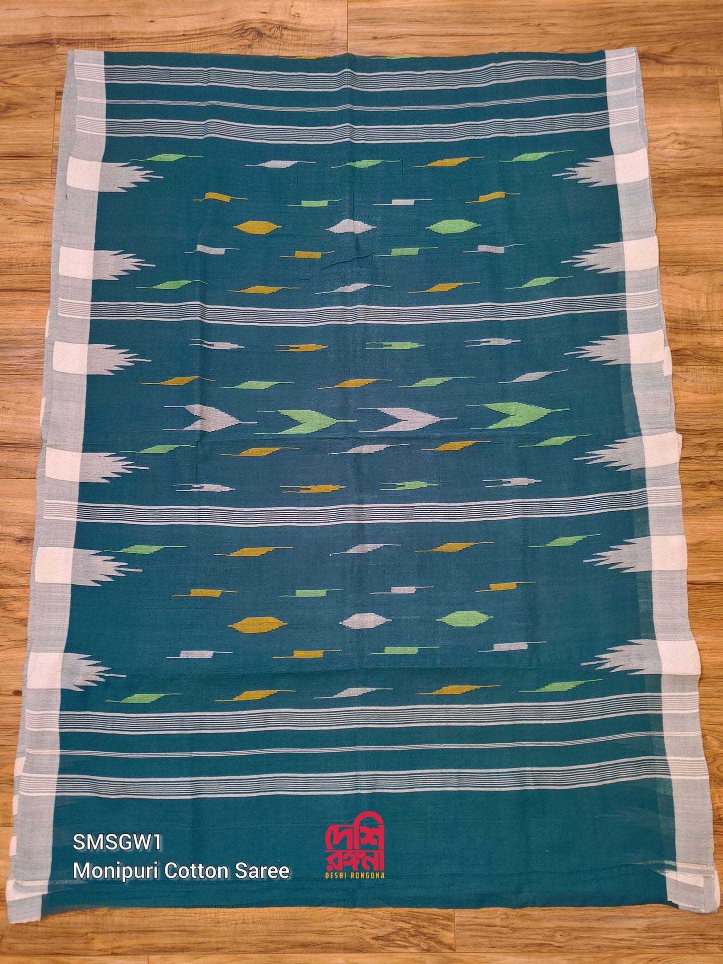 Sylheti Monipuri Handwoven Cotton Saree – Teal & White