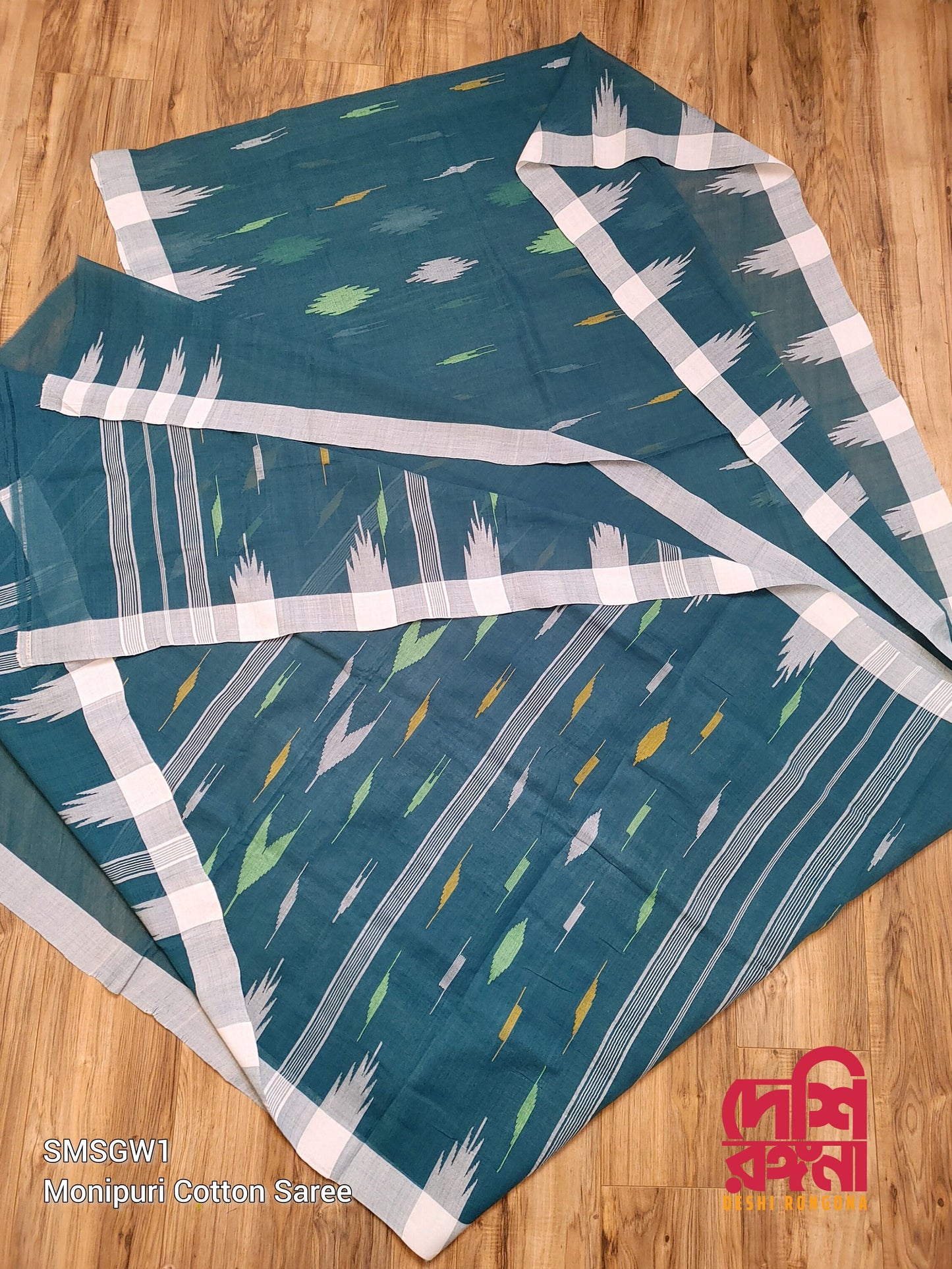 Sylheti Monipuri Handwoven Cotton Saree – Teal & White