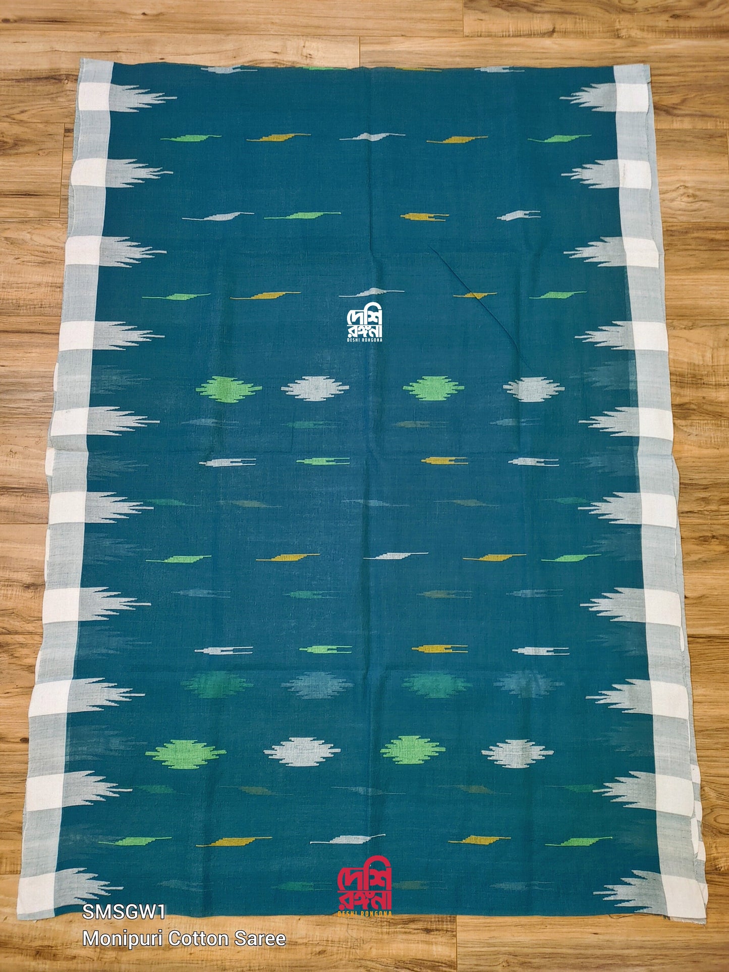 Sylheti Monipuri Handwoven Cotton Saree – Teal & White