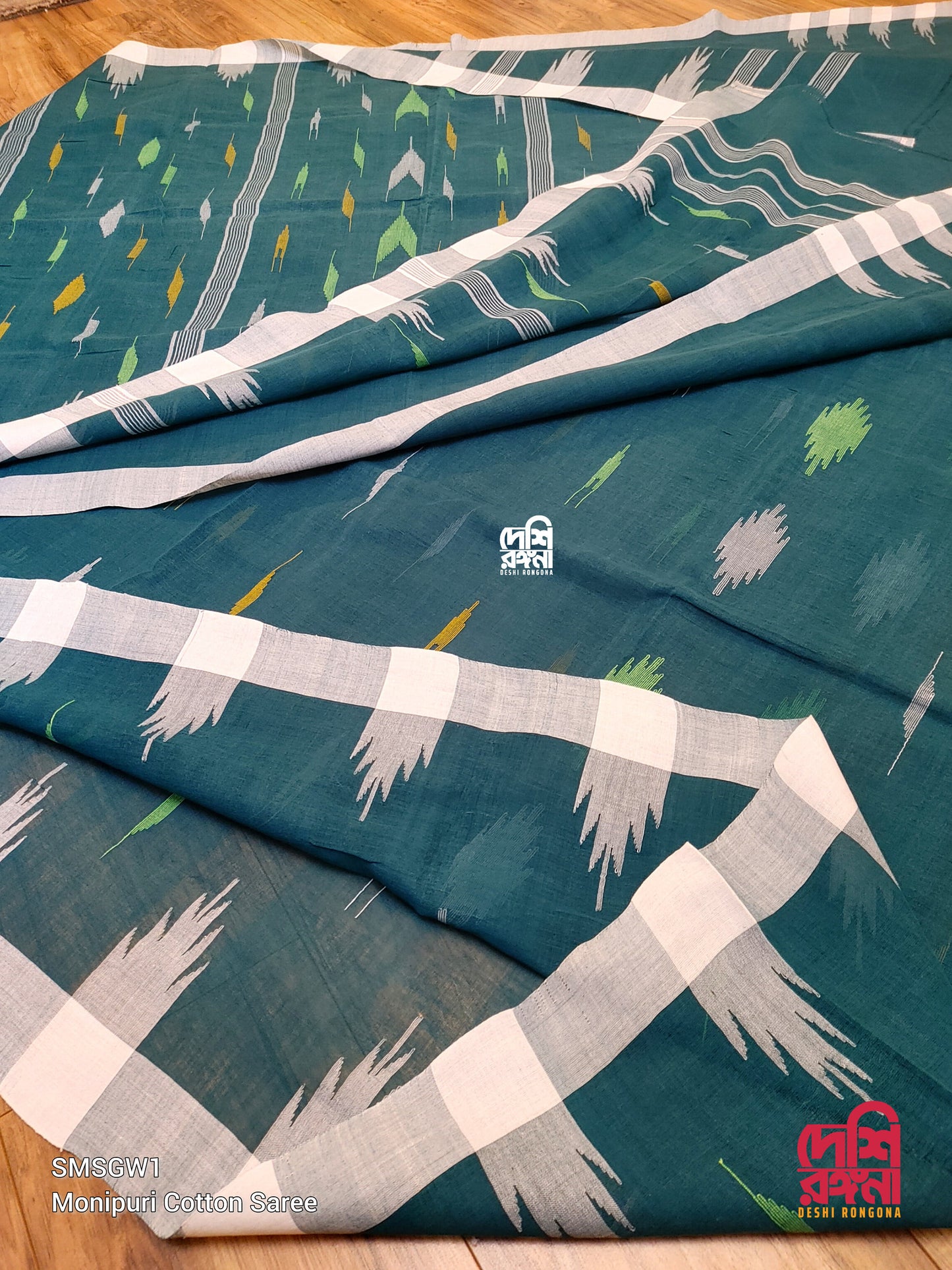 Sylheti Monipuri Handwoven Cotton Saree – Teal & White