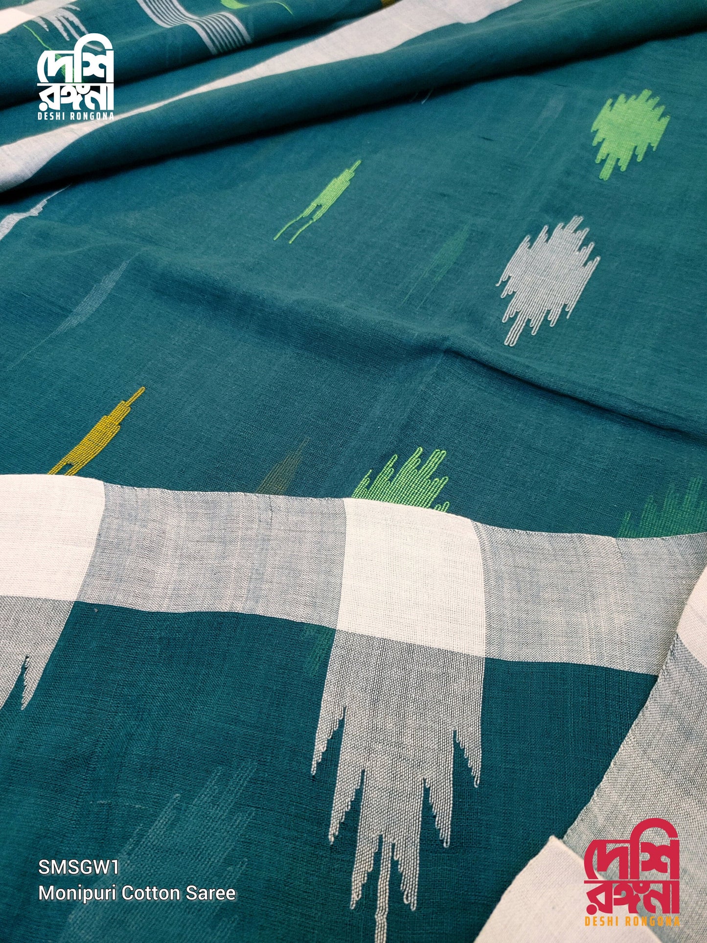 Sylheti Monipuri Handwoven Cotton Saree – Teal & White