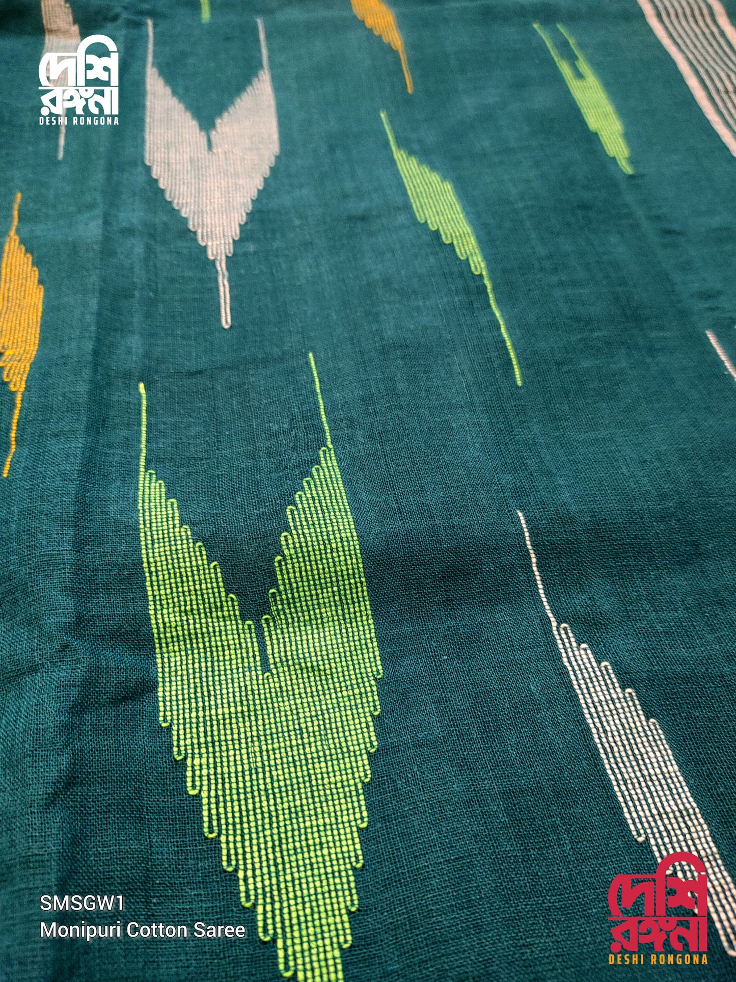 Sylheti Monipuri Handwoven Cotton Saree – Teal & White