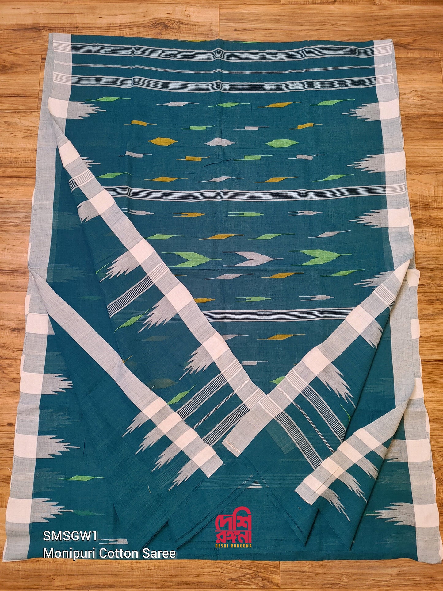 Sylheti Monipuri Handwoven Cotton Saree – Teal & White