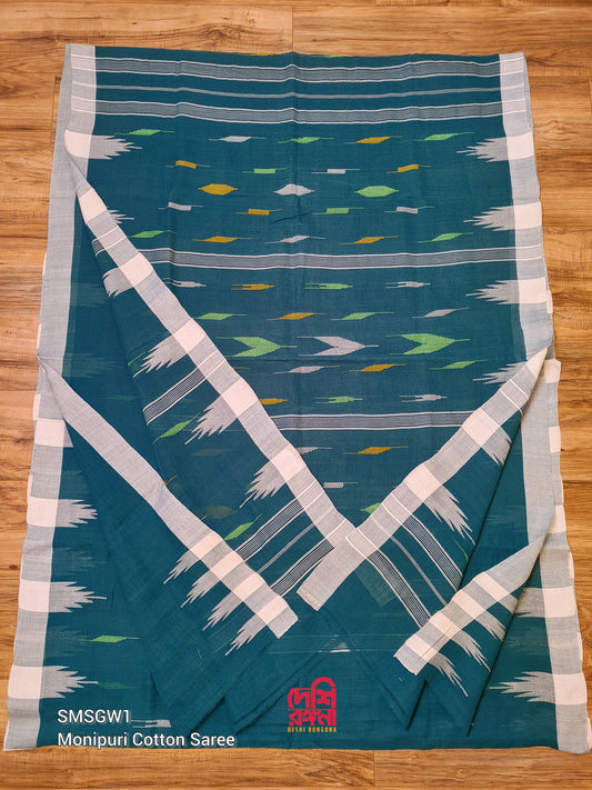 Sylheti Monipuri Handwoven Cotton Saree – Teal & White