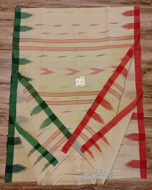 Sylheti Monipuri Handwoven Cotton Saree – Off white Ganga Jamuna