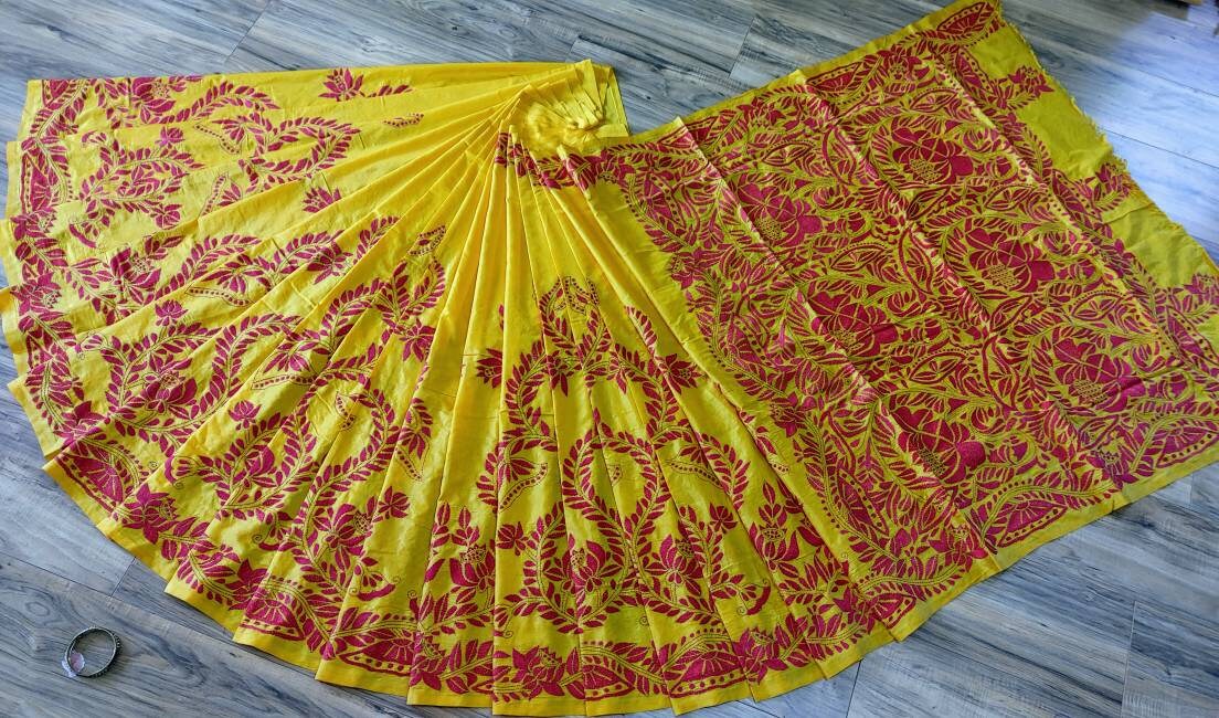 Hand-Stitched Kantha Saree in Yellow Bangalore Silk