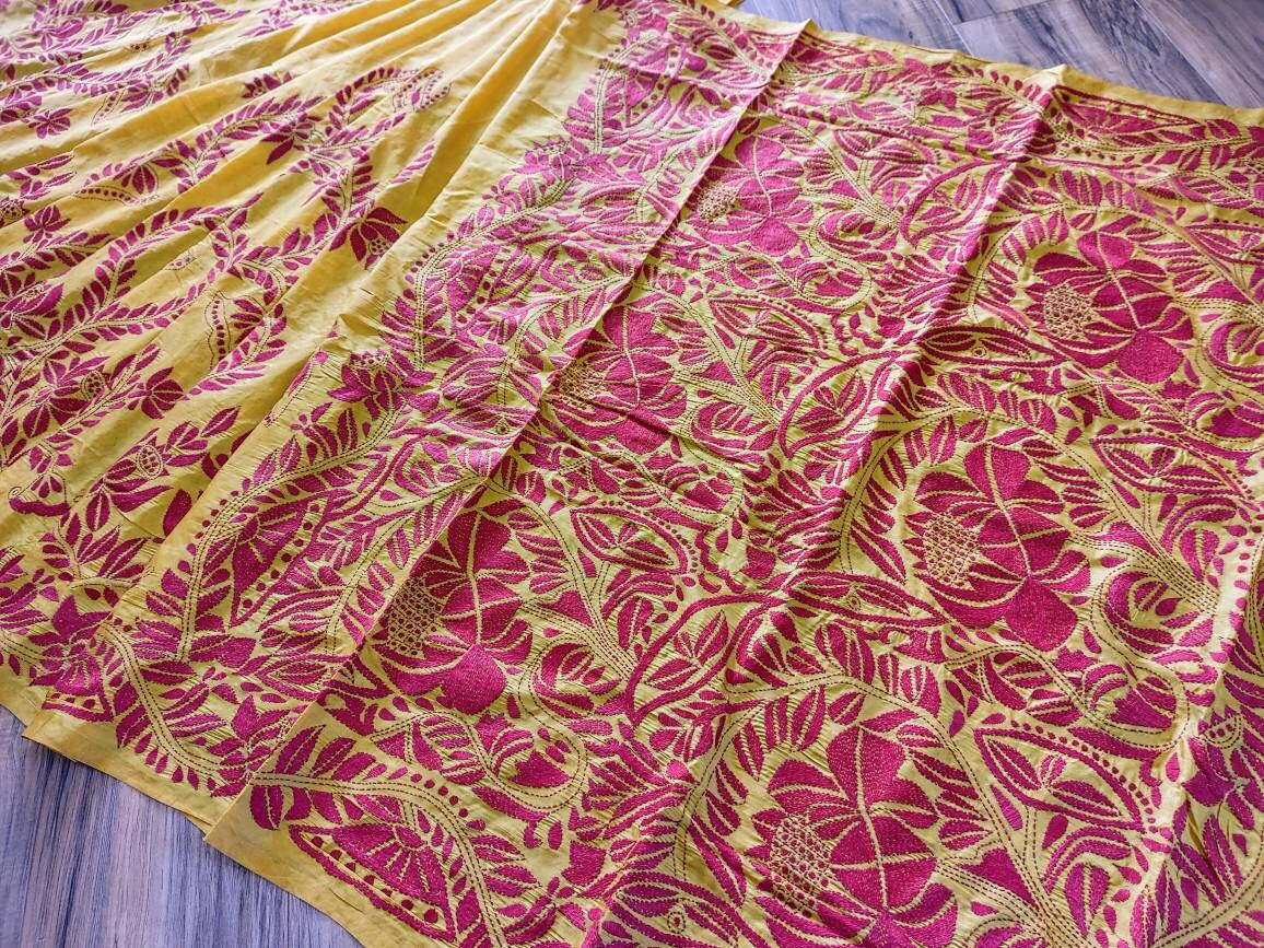 Hand-Stitched Kantha Saree in Yellow Bangalore Silk
