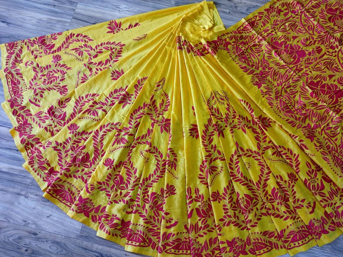Hand-Stitched Kantha Saree in Yellow Bangalore Silk
