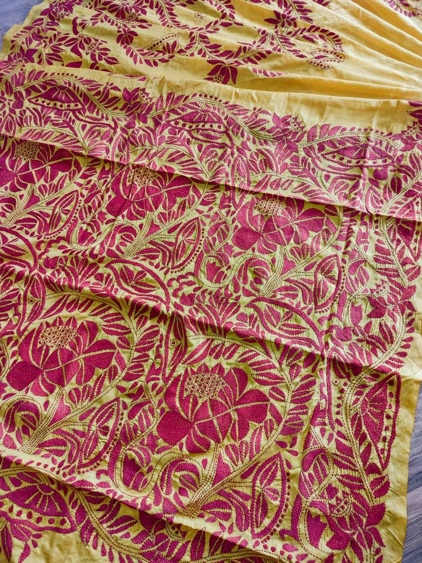 Hand-Stitched Kantha Saree in Yellow Bangalore Silk