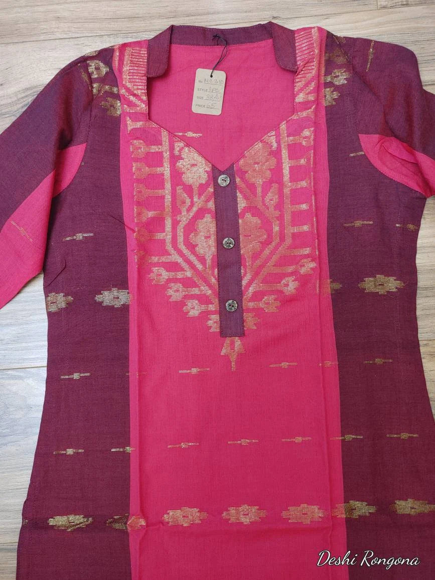 Original Dhakai Jamdani Cotton Dress, Red-Maroon