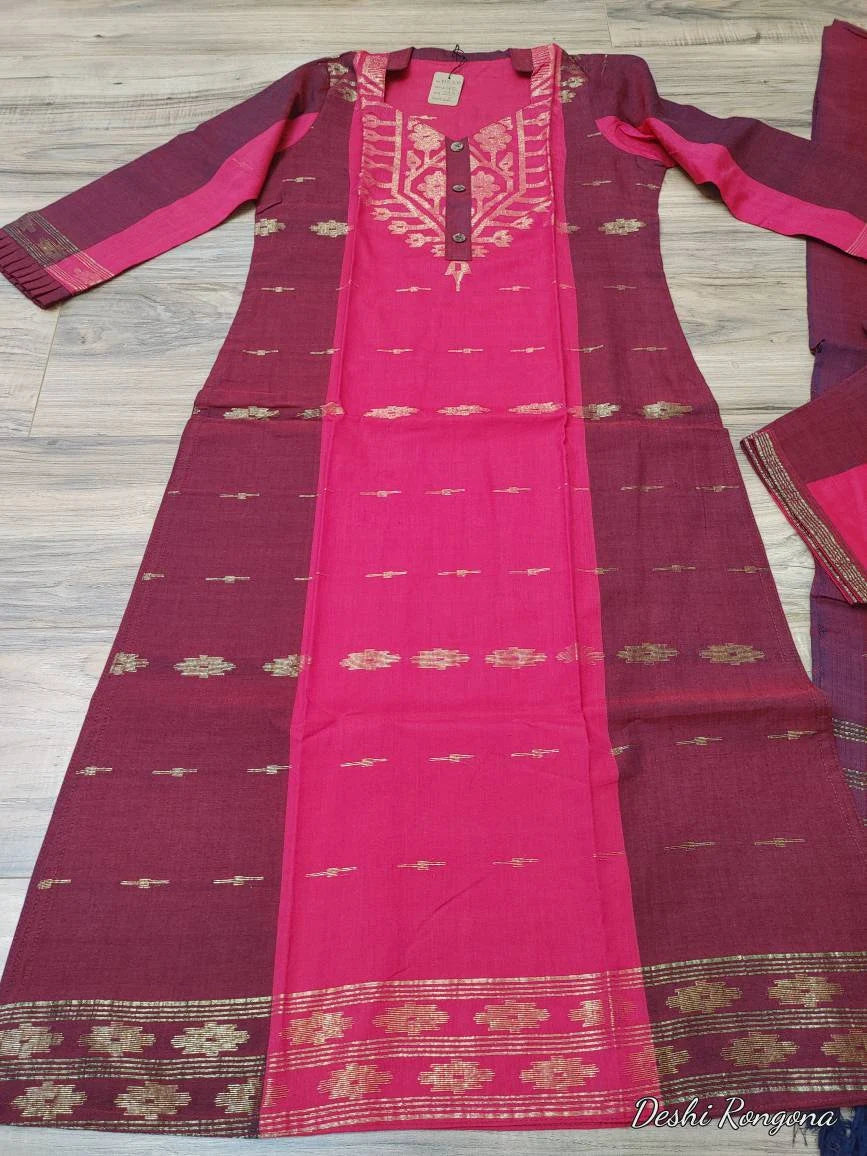 Original Dhakai Jamdani Cotton Dress, Red-Maroon