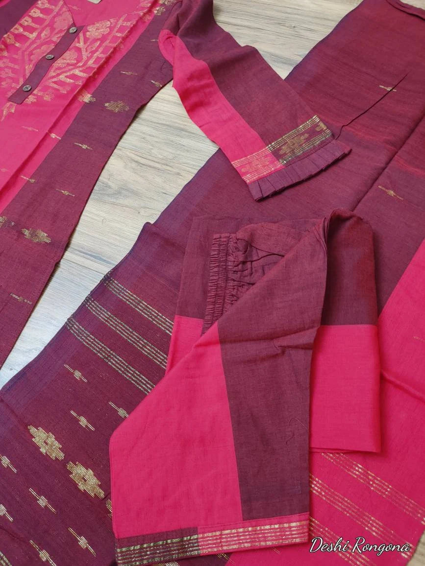 Original Dhakai Jamdani Cotton Dress, Red-Maroon