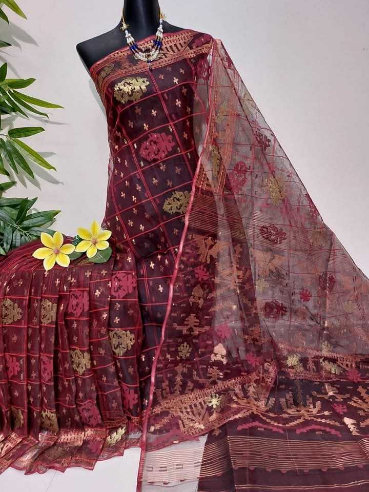 Elegant Deep Maroon Dhakai Jamdani Saree - Handloom Classic