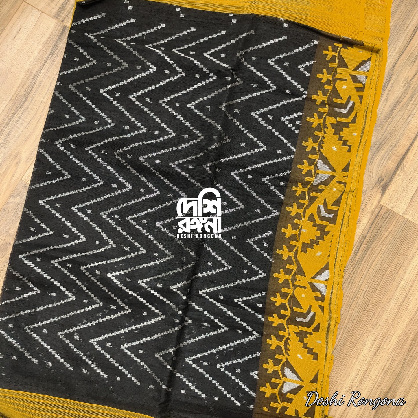 Dhakai Jamdani Saree Black and Yellow Contrast Handloomed Jamdani 84 count threaded, Traditional,Elegant, Classy Party Saree