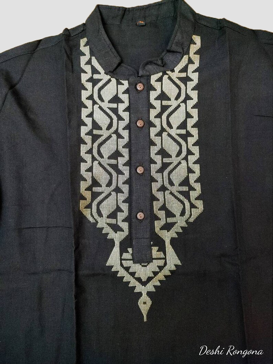Dhakai Jamdani Silk Black Punjabi