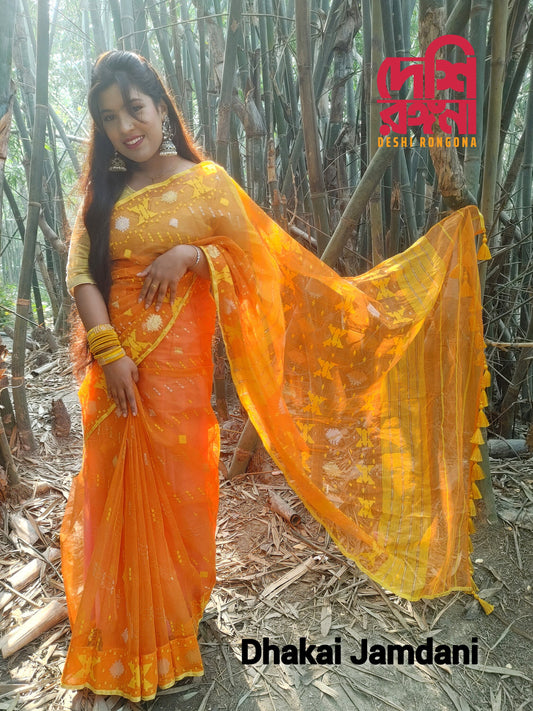 Original Dhakai Jamdani Saree, handloom, Bangladeshi saree, half silk saree, traditional saree, jari work, 84-count saree, orange saree, elegant saree, cultural attire
