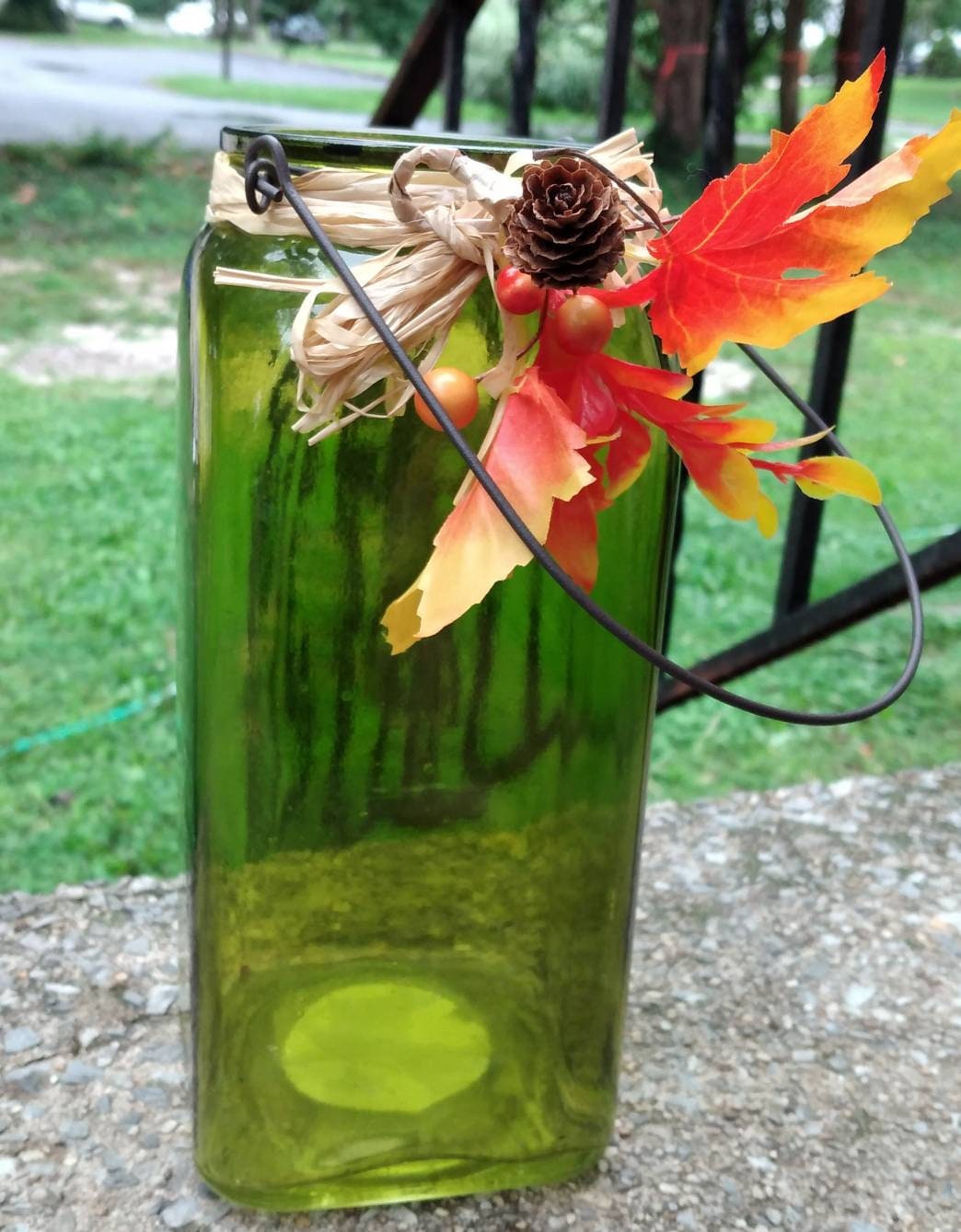 Vintage Green Jar lantern for Fall Decoration, LED tea lights holder.