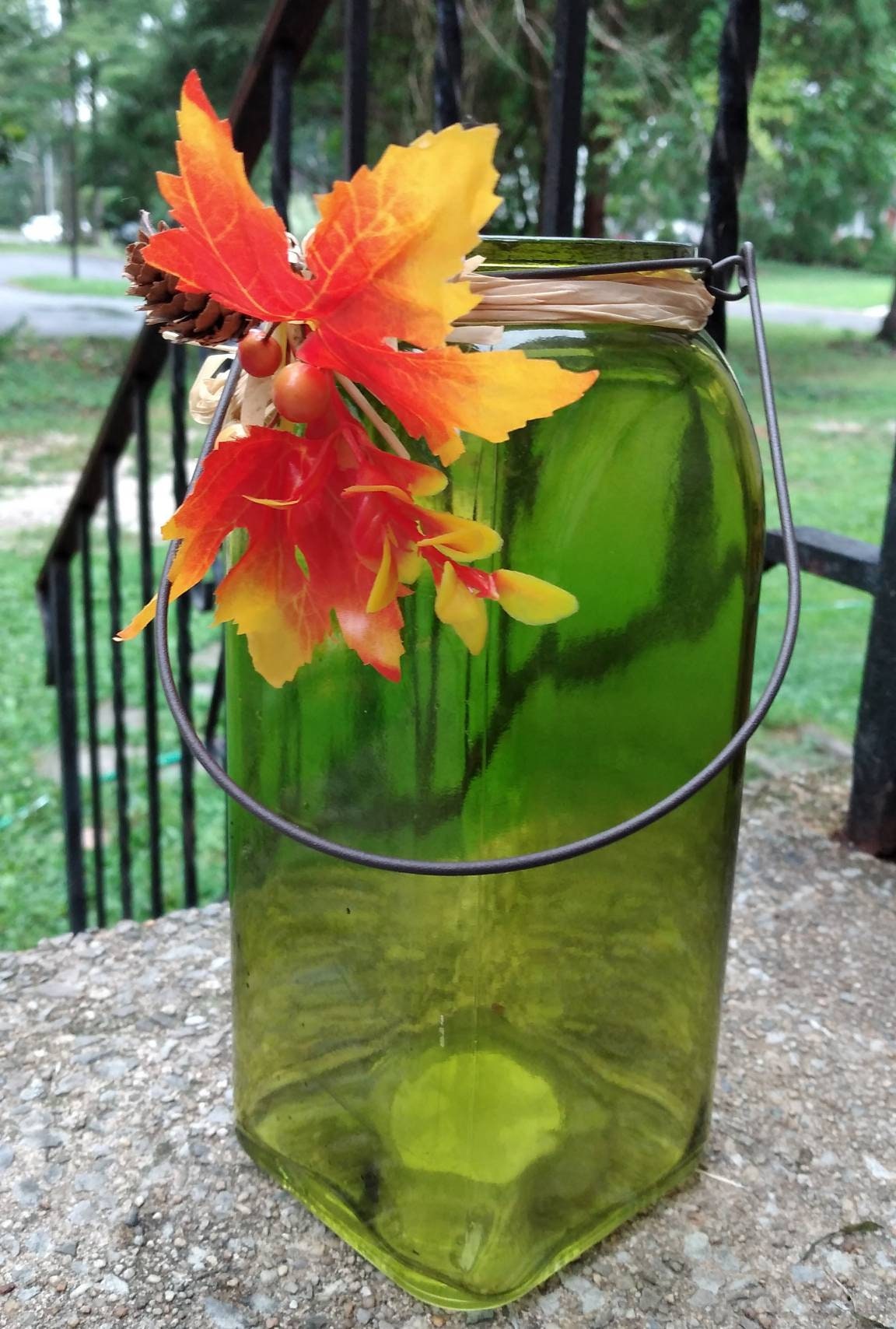 Vintage Green Jar lantern for Fall Decoration, LED tea lights holder.