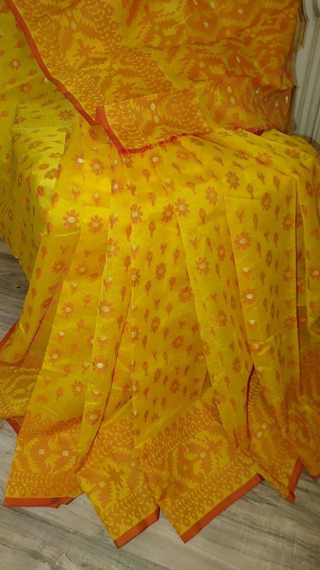 HalfSilk Jamdani Saree, Beautiful Merigold Color with Red and Golden Thread Work, Handloomed, Elegant, Classy Party Ware Sharee