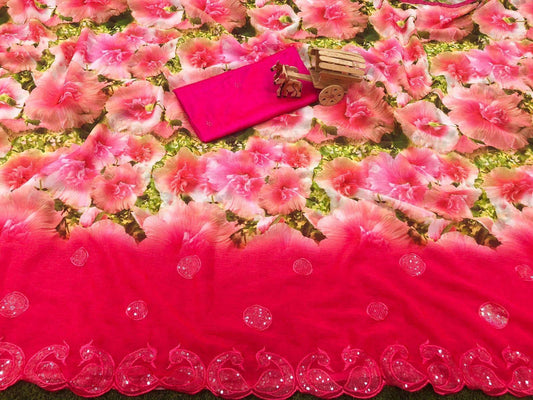 Premium Quality Light Weight Georgette Shari, Cut work, Embroidery and Penal Sequence Work