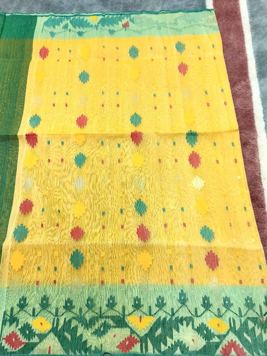 Dhakai Jamdani Saree, Beautiful Orange,Red,Yellow, Green Color Contrast, Handloomed,84 count threaded,Traditional, Elegant&Classy