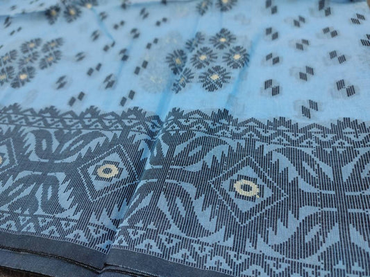 Dhakai Muslin Silk-Cotton Jamdani Saree, Handloom, Beautiful Light Blue Color with Black & Golden Thread Work, Elegant, Classy Party Ware