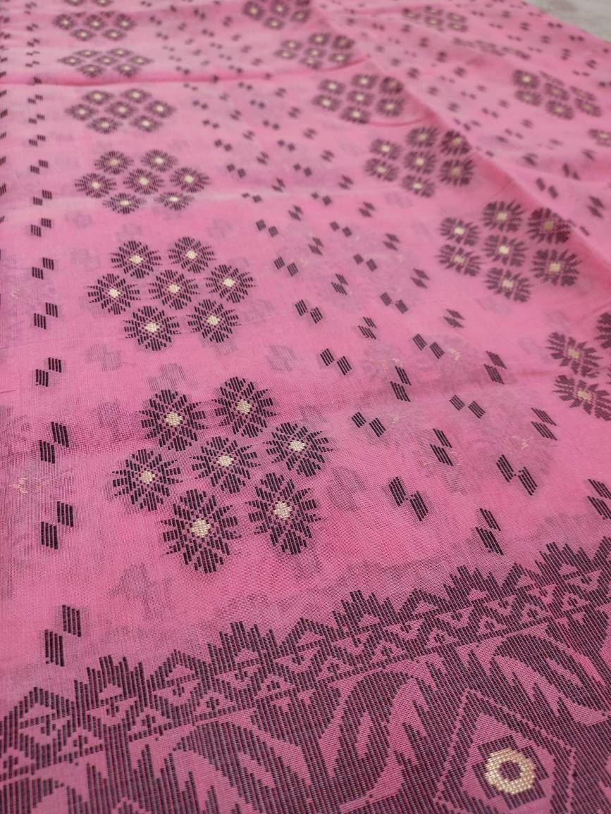 Dhakai Muslin Silk-Cotton Jamdani Saree, Handloom, Beautiful Light Pink Color with Black & Golden Thread Work, Elegant,Classy Party Ware