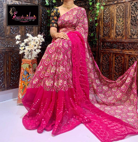 Magenta Patola Print Saree, 6 Available Colors, Soft Georgette, Penal Mirror handwork