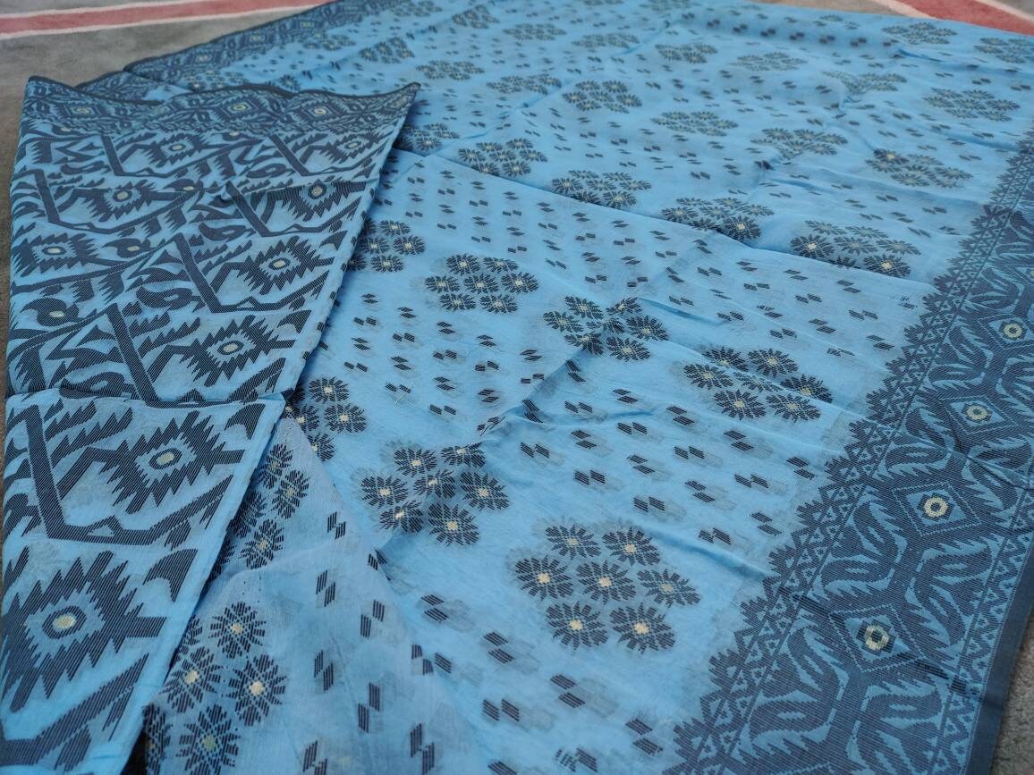 Dhakai Muslin Silk-Cotton Jamdani Saree, Handloom, Beautiful Light Blue Color with Black & Golden Thread Work, Elegant, Classy Party Ware