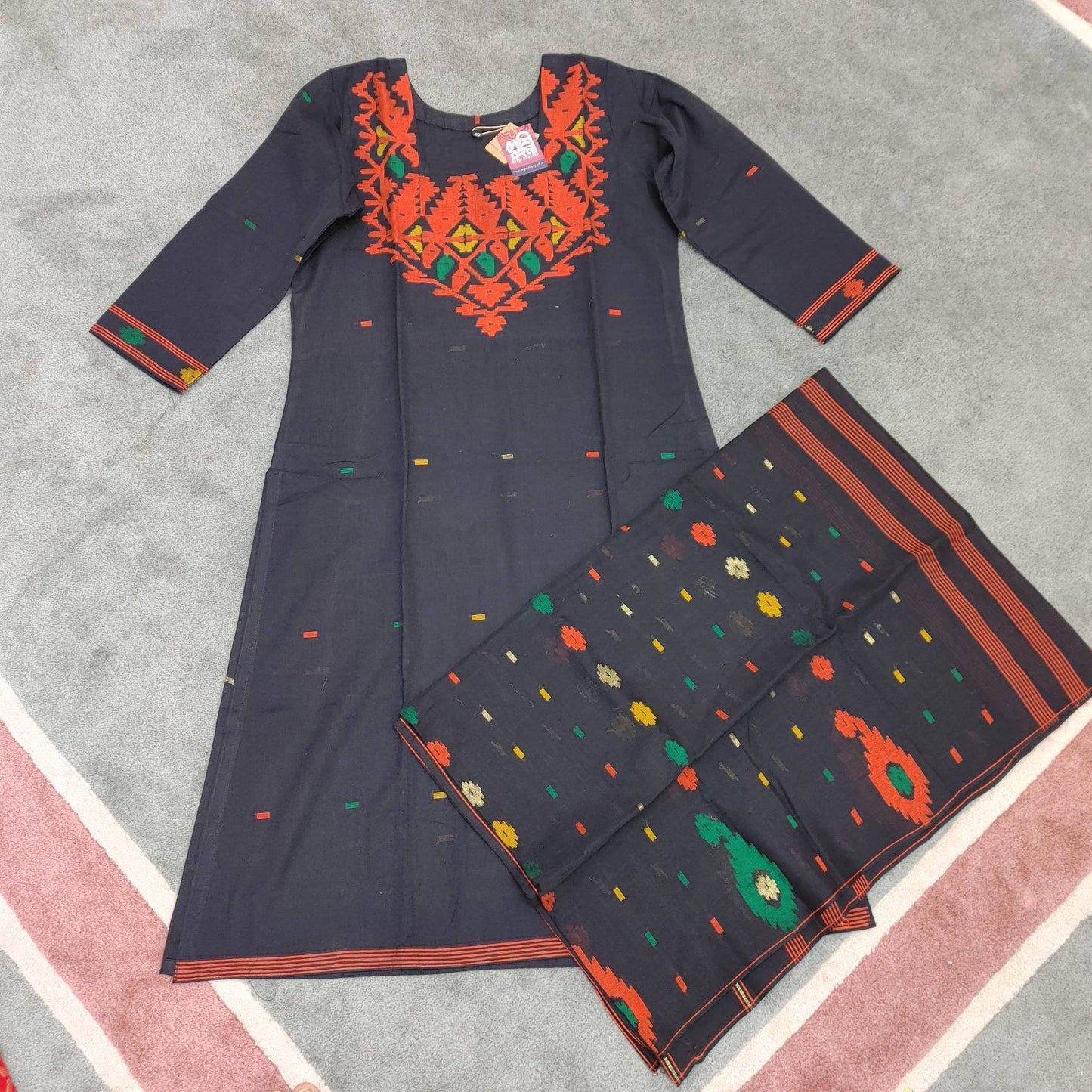 Dhakai Jamdani Dress, Handloom Cotton 3 piece, Black and Red Combination, Soft, Comfortable Summer Wear. Kamij, Salwar and Dupatta