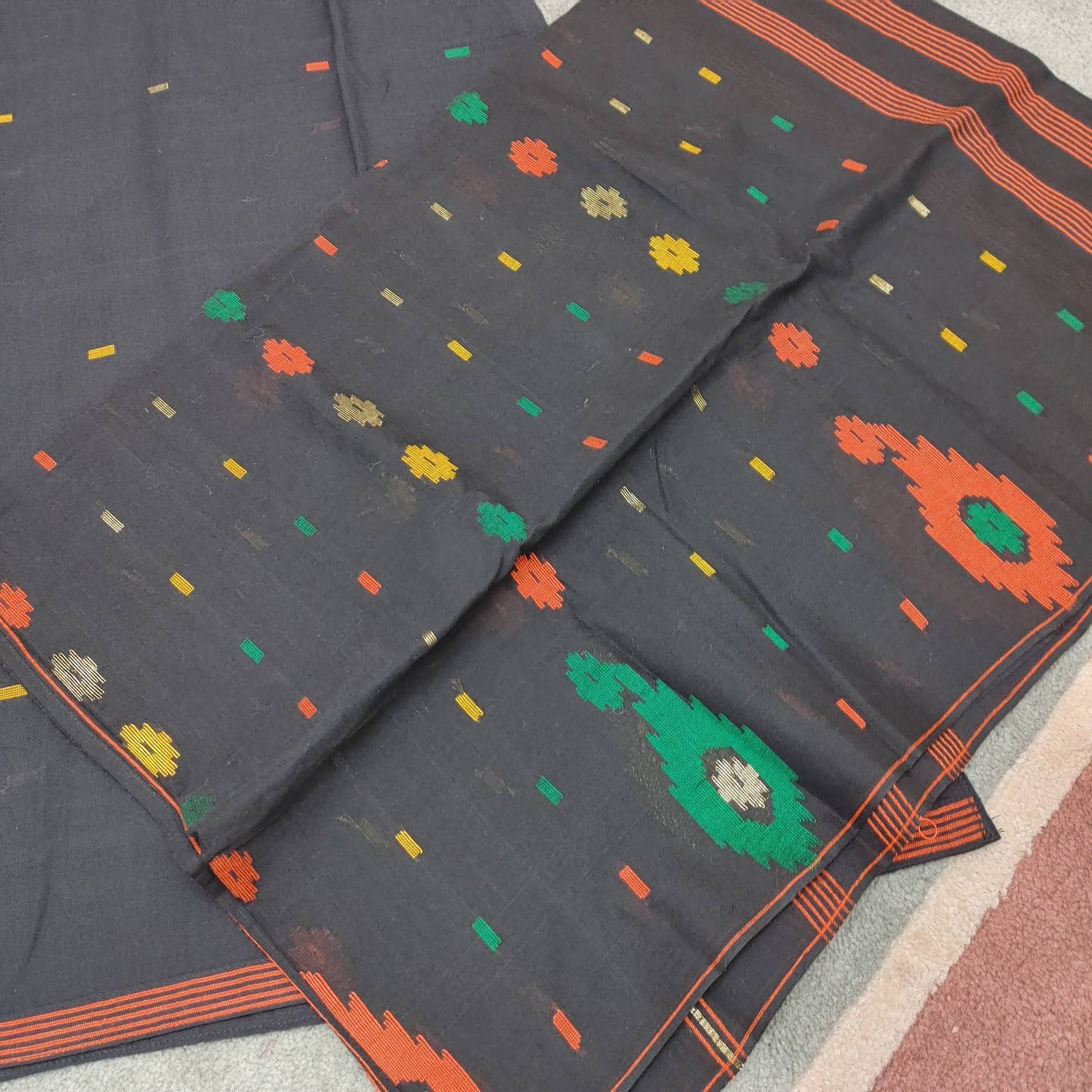 Dhakai Jamdani Dress, Handloom Cotton 3 piece, Black and Red Combination, Soft, Comfortable Summer Wear. Kamij, Salwar and Dupatta