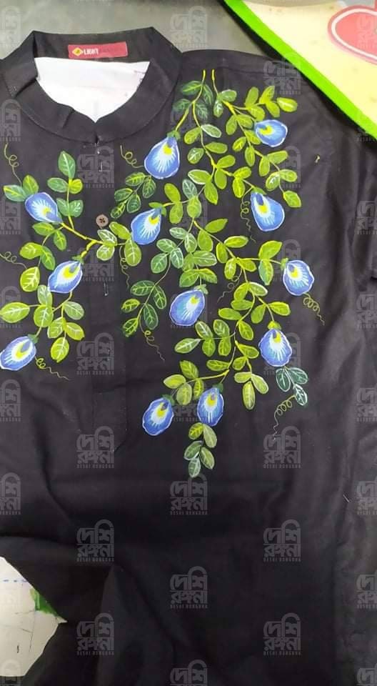 Hand Painted on Tangail Handloom Halfsilk Sharee and Aarong Cotton Punjubi Set. Oporajita Theme.