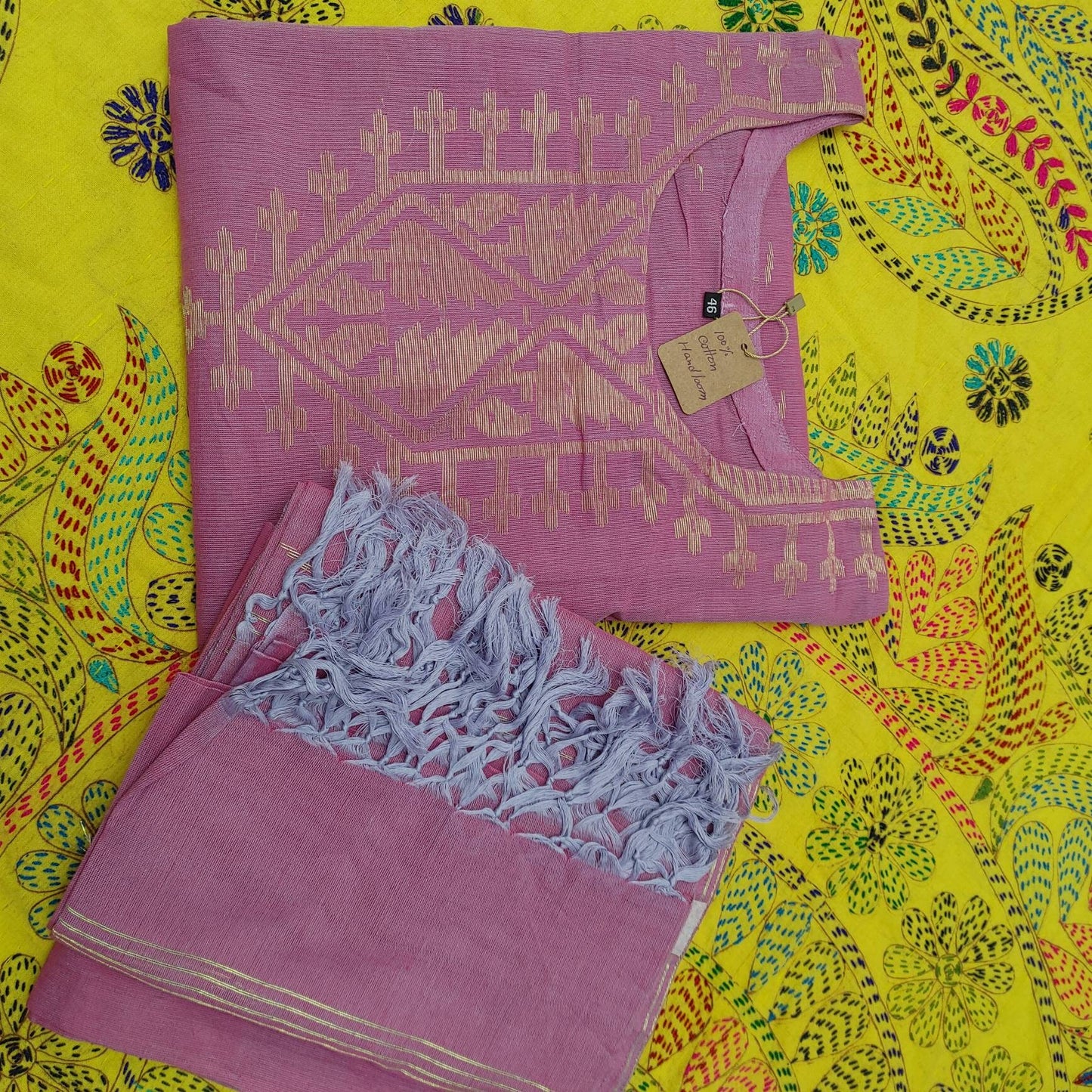 Original Dhakai Jamdani Cotton 3 piece, Pink with Golden thread(Zari) work, Handwoven Soft, Comfortable Summer Wear, Kamij-Dupatta-Salwar