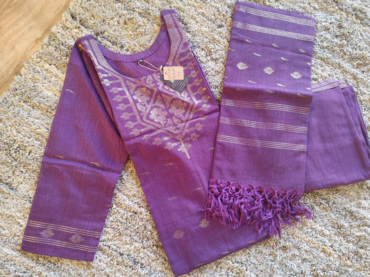 Exclusive Handloom Dhakai Jamdani Cotton 3 piece, Purple with Golden thread(Zari) work, Soft, Comfortable Summer Wear, Kamij-Dupatta-Salwar
