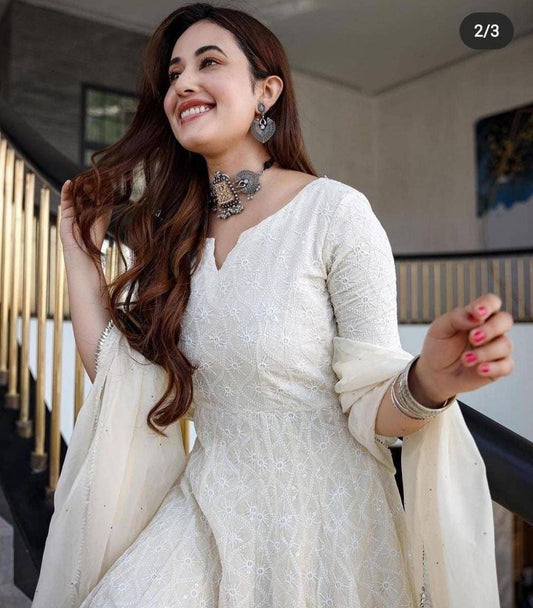 Gorgeous Summer Collection,Off White Lukhnawi Chikankari Cotton Gown with Swarovski Sequin Handwork