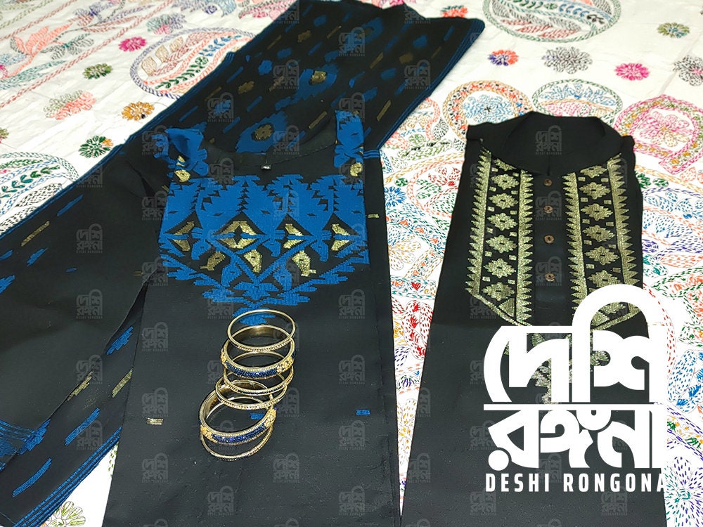 Exclusive Dhakai Jamdani Handloom Cotton-Tosshor Couple set, Women Kamij-Dupatta-Salwar and Men Punjabi Combo set