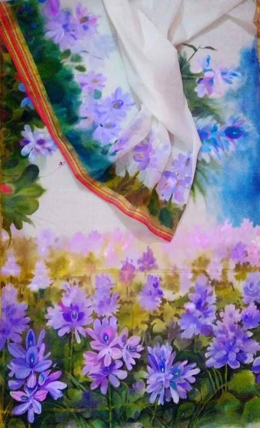 Dhakai Sophura Muslin Handpainted Saree, Water Color Painting, Elegant, Classy Saree that you make you feel Special