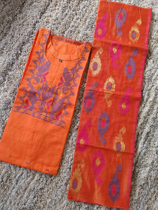 Dhakai Jamdani Dress, Handloom Cotton 2 piece, Orange with Multi Color thread work, Soft, Comfortable Summer Wear. Kamij and Dupatta