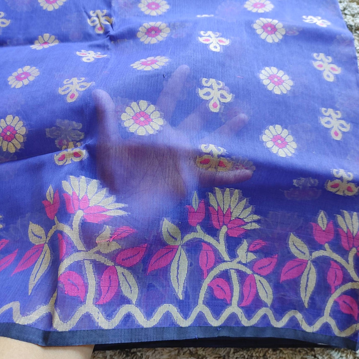Tangail Muslin Silk-Cotton Jamdani Saree, Handloom, Beautiful Royal Blue with Majenta-Golden Thread Work, Elegant,Classy Party Ware