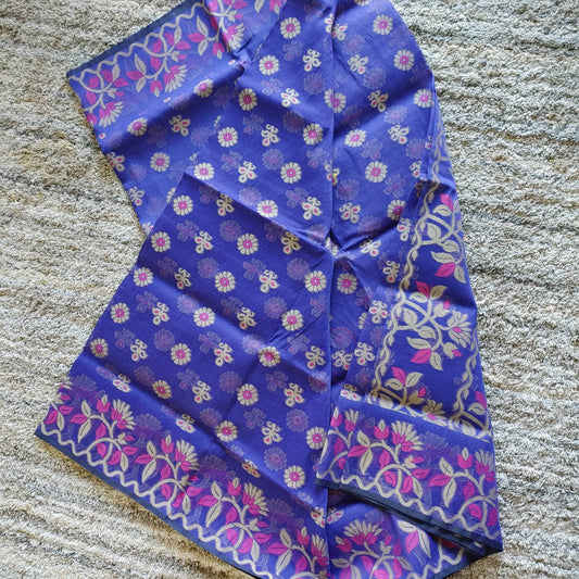 Tangail Muslin Silk Saree, Handloom, Beautiful Royal Blue with Majenta-Golden Thread Work, Elegant,Classy Party Ware