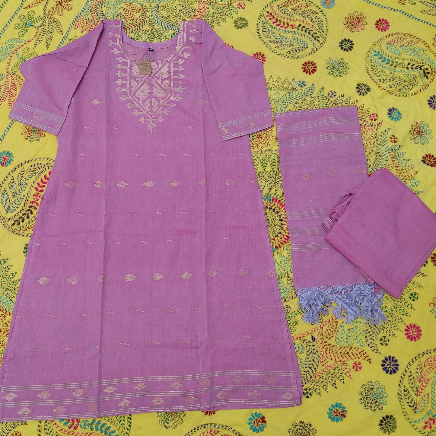 Original Dhakai Jamdani Cotton 3 piece, Pink with Golden thread(Zari) work, Handwoven Soft, Comfortable Summer Wear, Kamij-Dupatta-Salwar