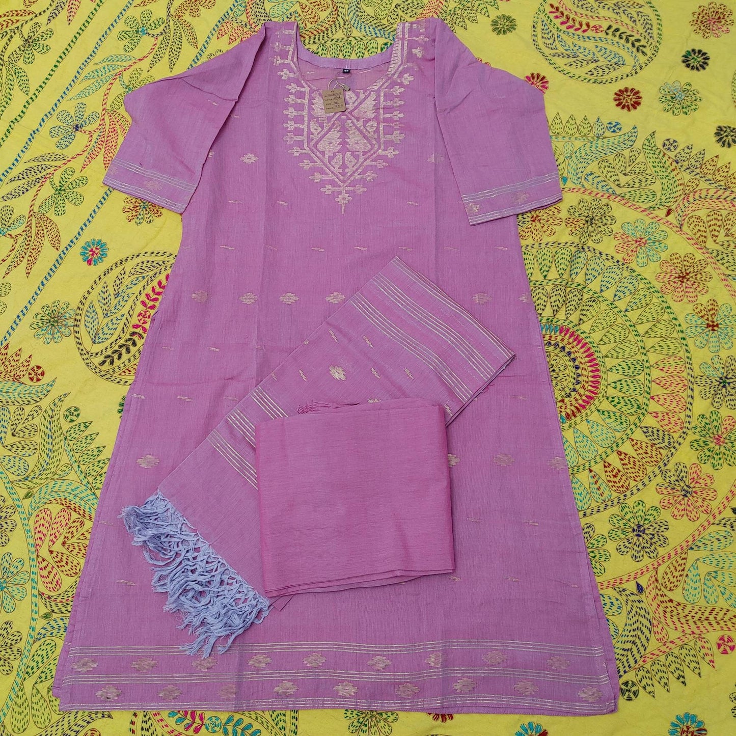 Original Dhakai Jamdani Cotton 3 piece, Pink with Golden thread(Zari) work, Handwoven Soft, Comfortable Summer Wear, Kamij-Dupatta-Salwar