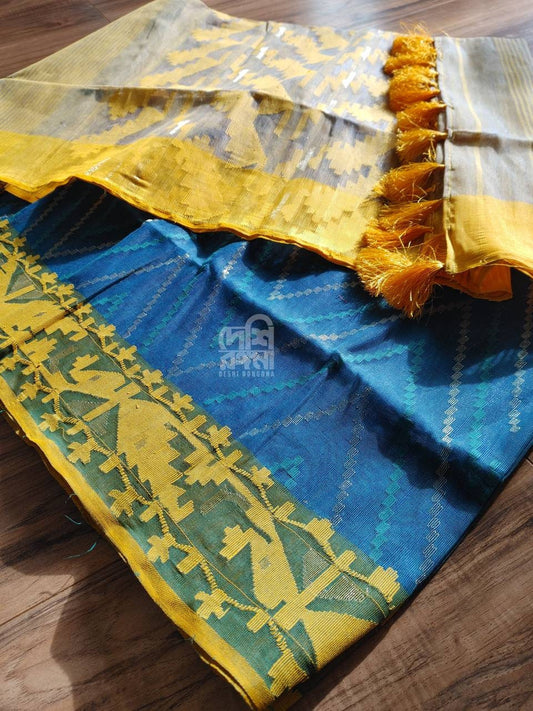 Gorgeous Turquoise-Yellow Couple Set. Dhakai Handloom HalfSilk Jamdani Saree and cotton Punjabi, 84 Count thread Sari Fall/Piku/Tassel done.